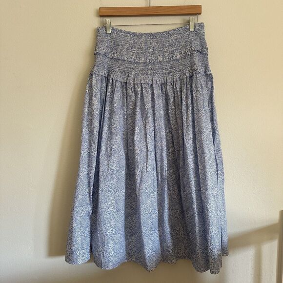 J.Crew Liberty Blue White Floral Smocked Midi Skirt L Cottagecore Boho Coastal - Picture 3 of 14